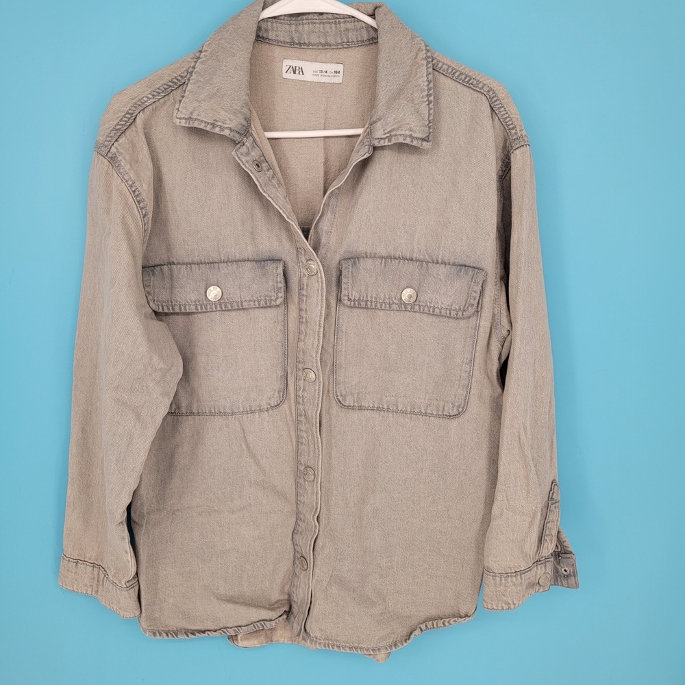 Zara Kids Youth Oversized Washed Denim Shirt Jacket Grey Tan Shacket Size 13-14